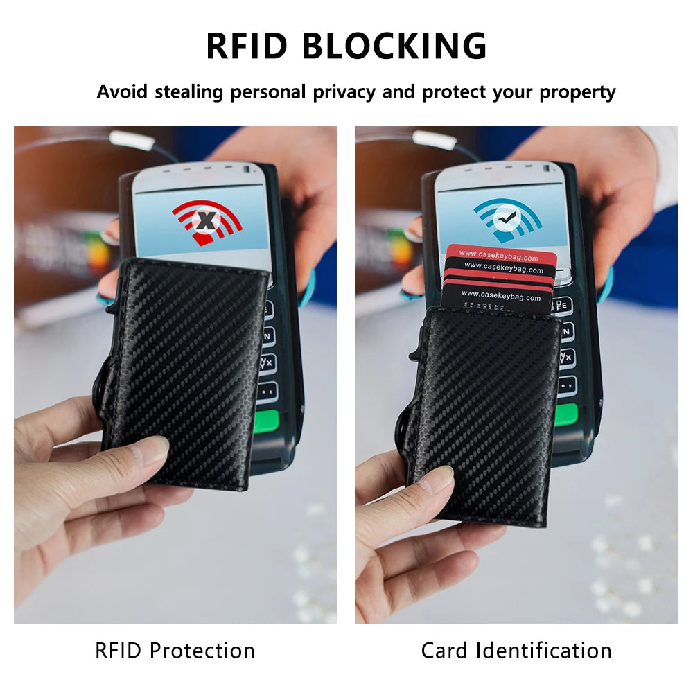 A black carbon fiber RFID blocking card holder is shown being used for RFID protection and card identification.