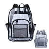A clear waterproof backpack with black accents shown from the front.