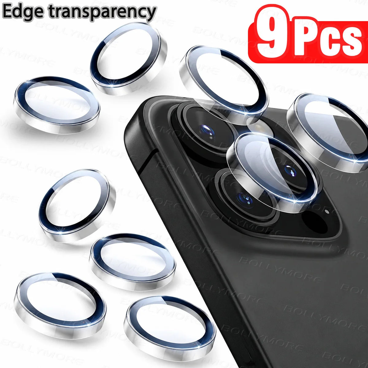 Nine clear edge transparency screen protectors for mobile devices shown next to a smartphone.