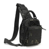 Black tactical sling bag with adjustable strap and camouflage pattern