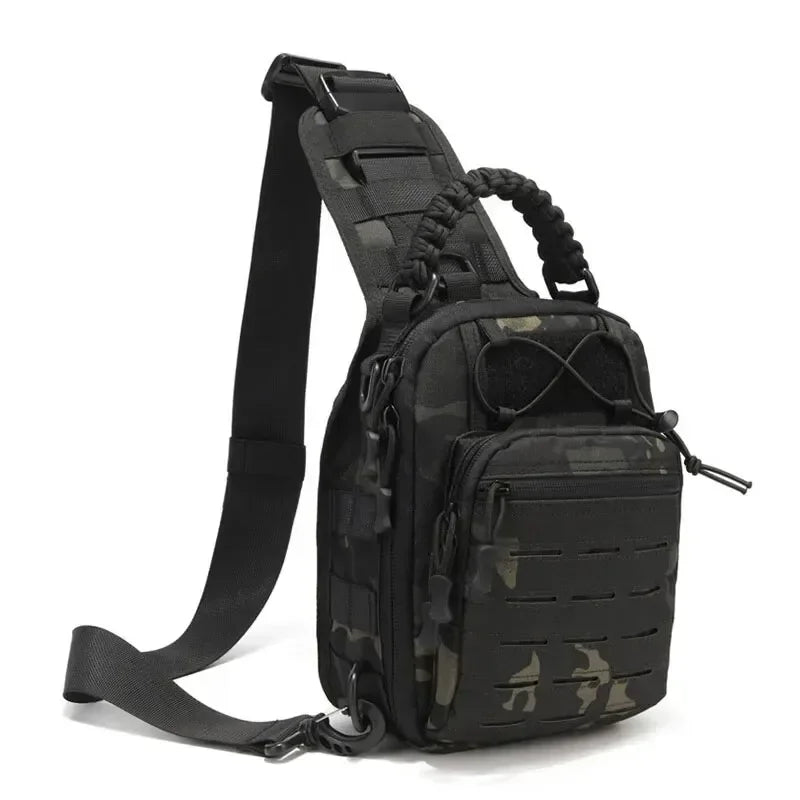 Black tactical sling bag with adjustable strap and camouflage pattern