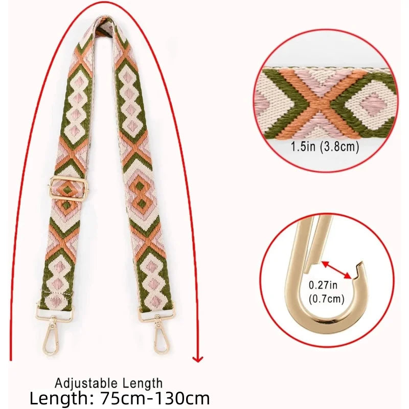 A beige and green patterned adjustable nylon crossbody bag strap with a gold-tone buckle.