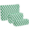 A set of three checkered green and white fabric makeup bags.
