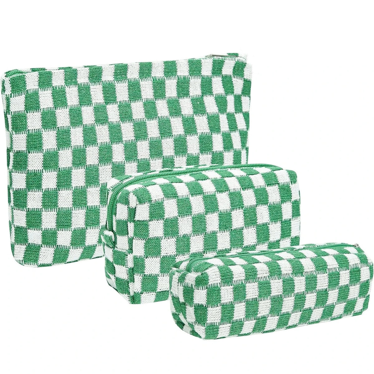 A set of three checkered green and white fabric makeup bags.