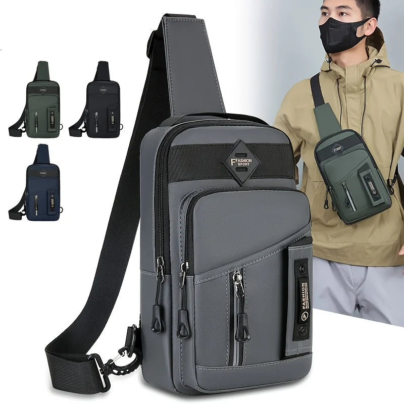A gray nylon crossbody sling bag shown with various strap options and a man wearing it.