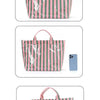 Three views of a pink and gray striped tote bag with white paint splatters.