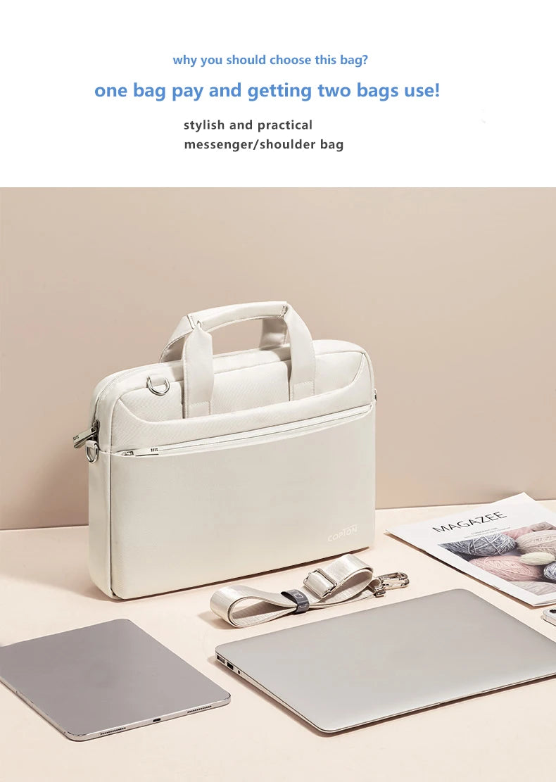 A white messenger/shoulder bag is shown next to a silver laptop sleeve.