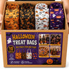A cardboard box containing ten Halloween treat bags with various designs and colors for parties