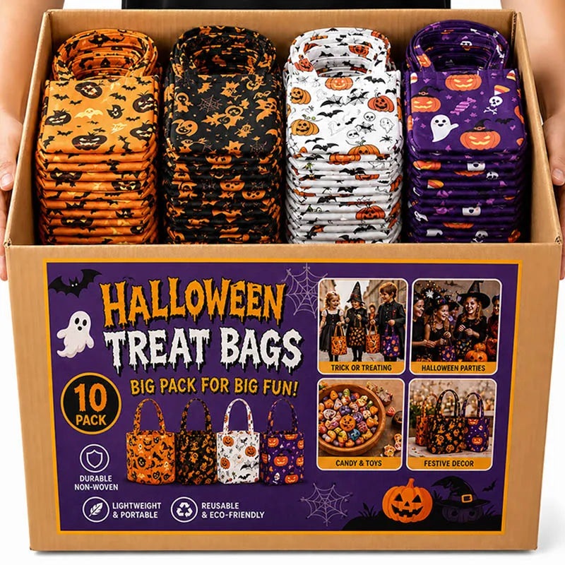A cardboard box containing ten Halloween treat bags with various designs and colors for parties