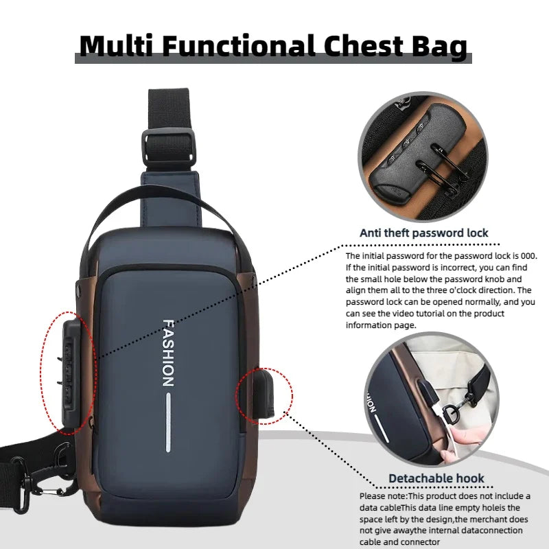 A dark blue multi functional chest bag with a black strap and anti theft password lock visible.