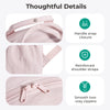 Close-up view of a pink women's lightweight backpack showing details like a handle snap closure, reinforced shoulder straps, 