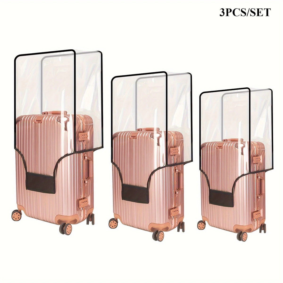 A set of three transparent PVC luggage covers for travel bags, featuring a rose gold finish.