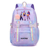 A purple and pink Jacquard laptop backpack featuring anime characters and glitter accents.