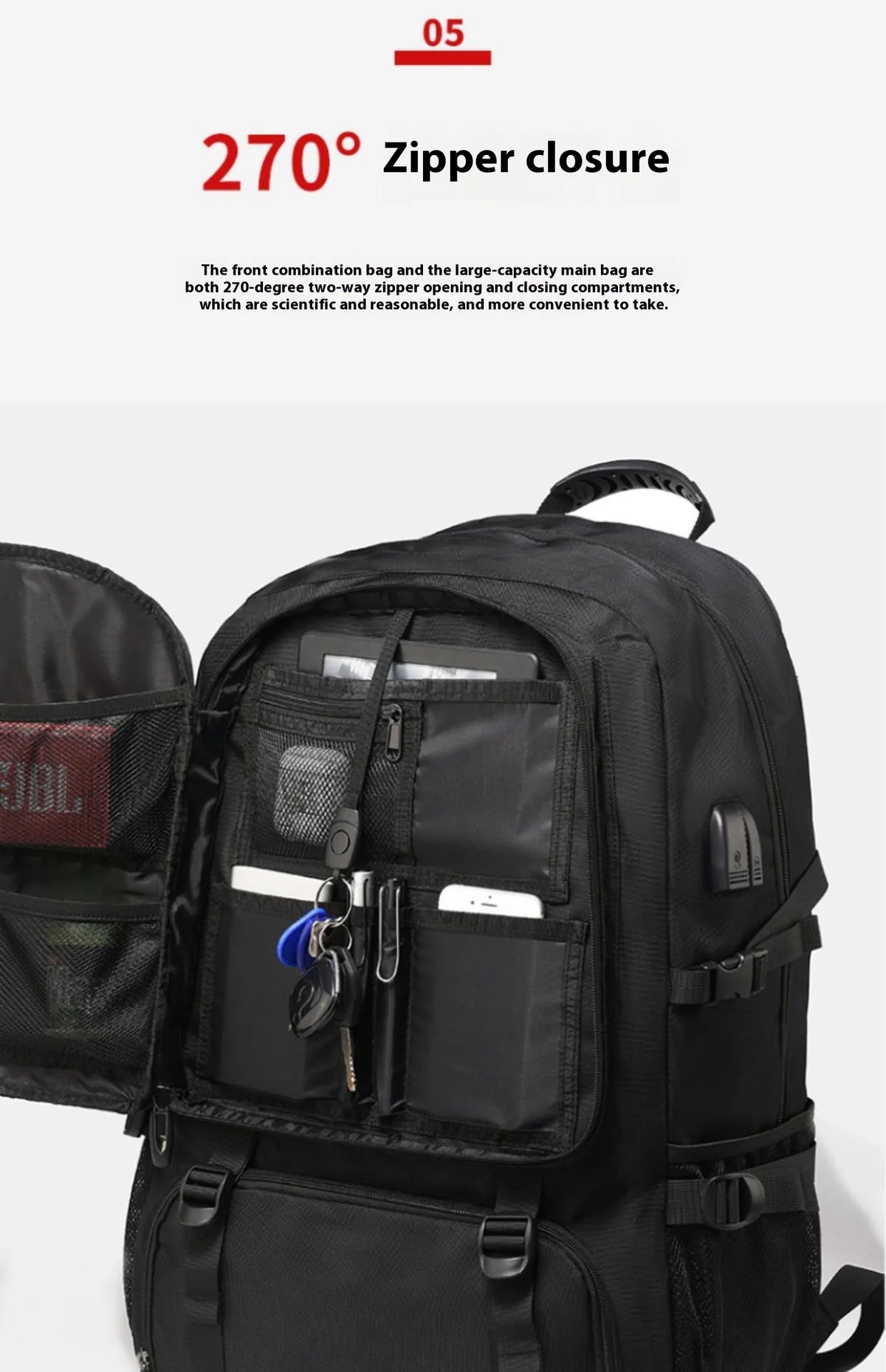 A close-up view of a black durable travel backpack showing various zippered compartments and pockets.