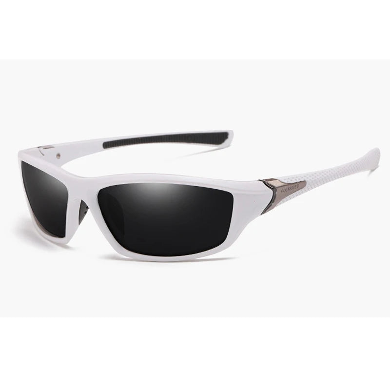 Gafas deportivas polarizadas blancas con lentes negros y patillas negras