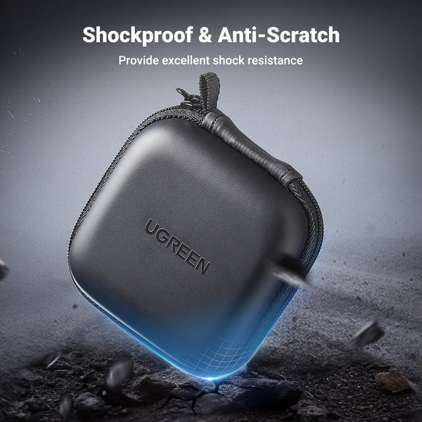 A black shockproof anti-scratch storage case for AirPods or accessories is shown against a dark, textured background.
