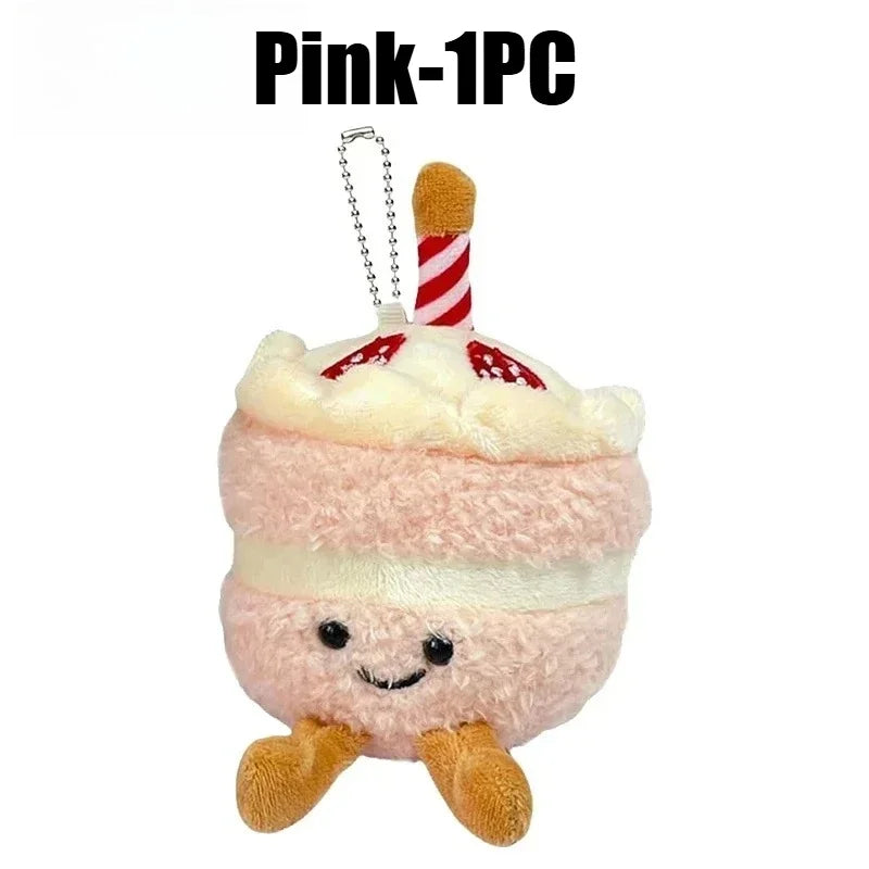 Pink bread plush keychain with a striped straw and a smiling face