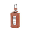 A brown leather car key case with a transparent window and a silver hook.