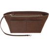 Bolsa cosmética de fieltro marrón con cremallera y correa de cuero para organizar bolsos.