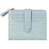 A light blue crocodile print card wallet with a flap closure and double zip on the top.