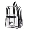 A clear transparent PVC daypack with a black strap and mesh pocket.