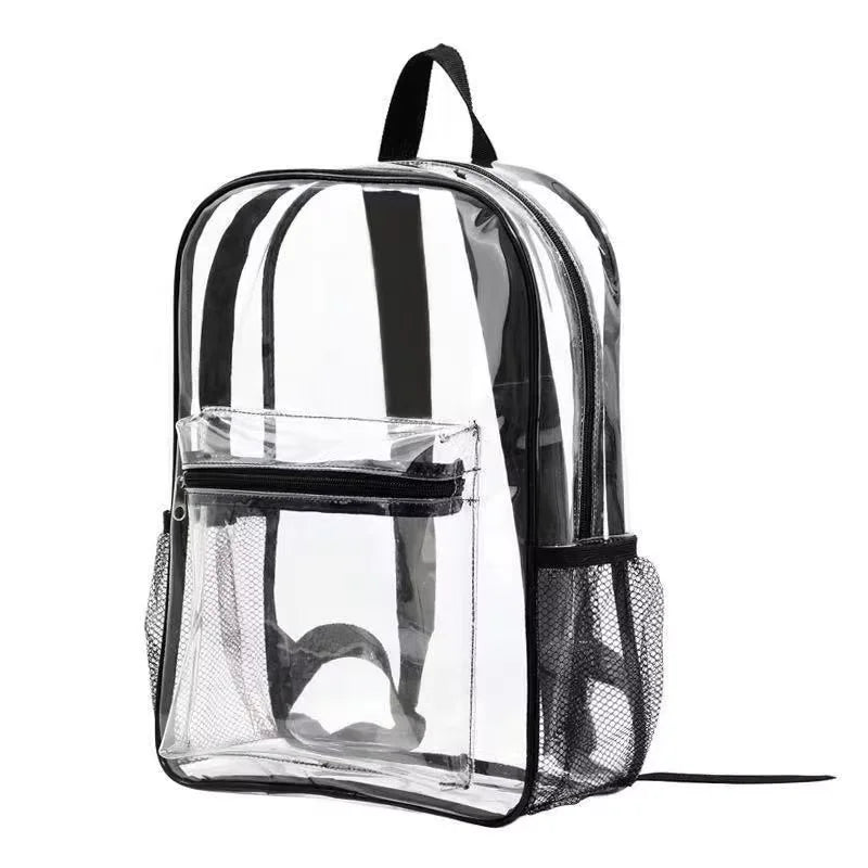 A clear transparent PVC daypack with a black strap and mesh pocket for daily essentials.