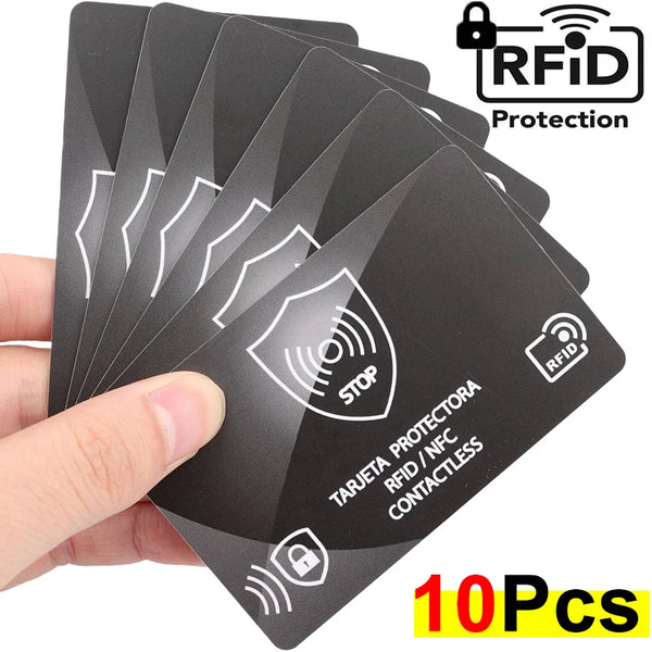 A hand holds a stack of ten black RFID protection cards, demonstrating the RFID protection feature.