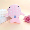 A pink shark mini plush toy with silver polka dots and a small heart detail.