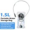A clear portable water storage bag with a flexible hose and filling port for hydration.