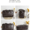 A brown leather shoulder bag is shown in multiple angles against a white background.