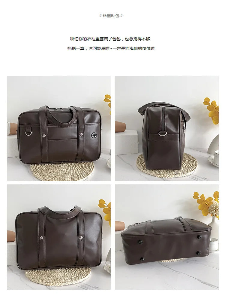 A brown leather shoulder bag is shown in multiple angles against a white background.