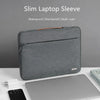 A gray multi-pocket laptop sleeve with an orange handle is shown next to a silver laptop.