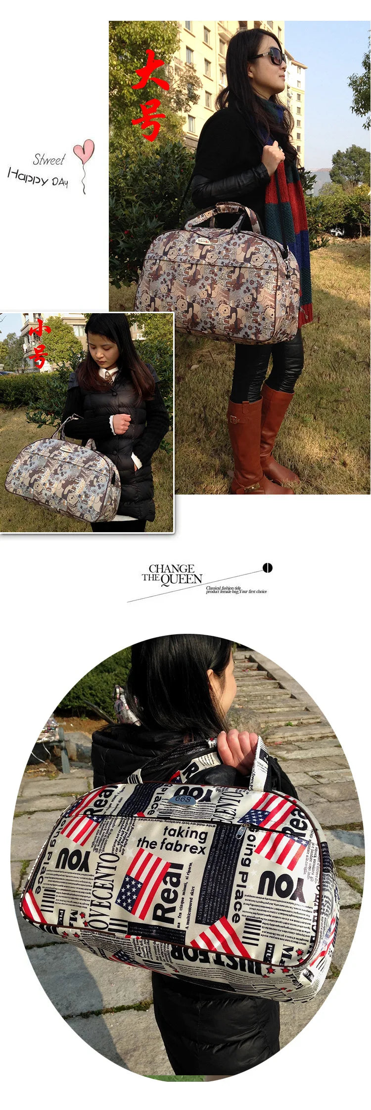 A woman holds a patterned PU leather travel duffel bag outdoors.