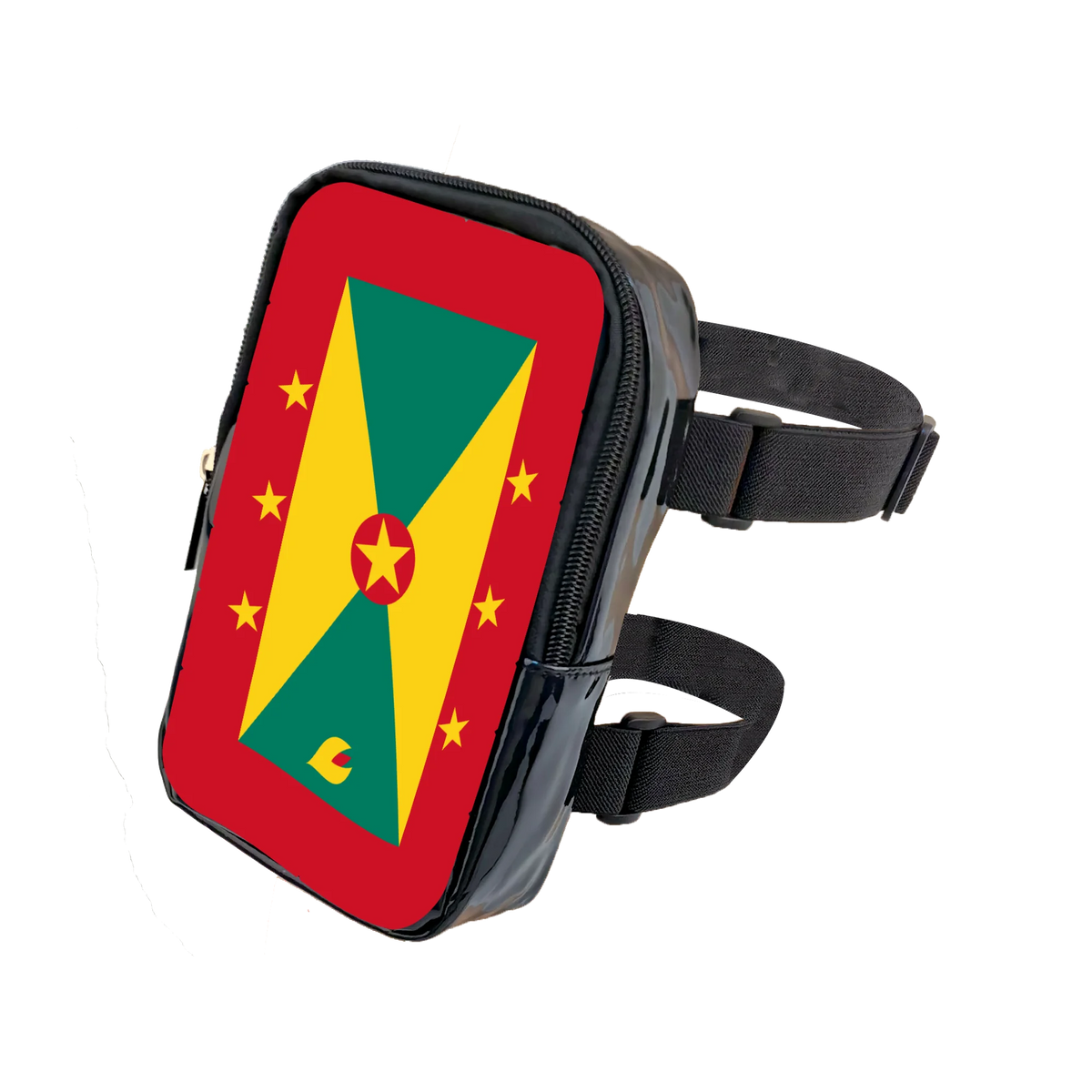 A black adjustable PU waist pouch featuring a red background with a yellow and green diagonal design and small yellow stars.