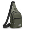 Olive green multi-pocket shoulder bag with black strap and gold accent.