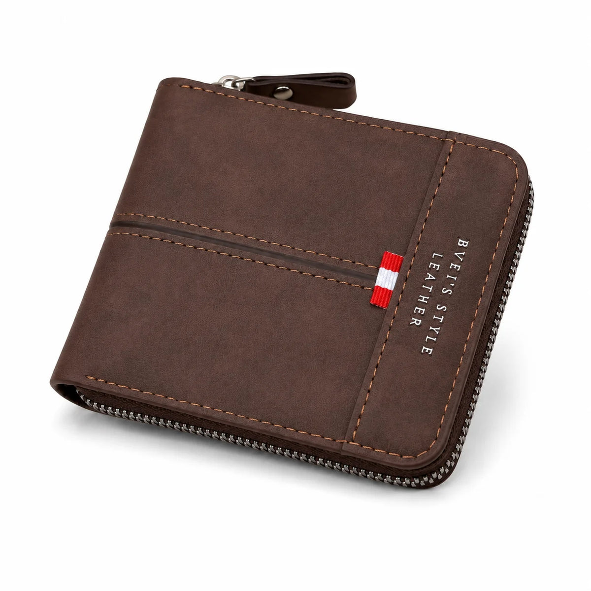 A brown leather men's wallet with a stitched edge and a small red and white flag detail.