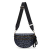 Black nylon crossbody bag with gold hardware and a leopard print fabric.