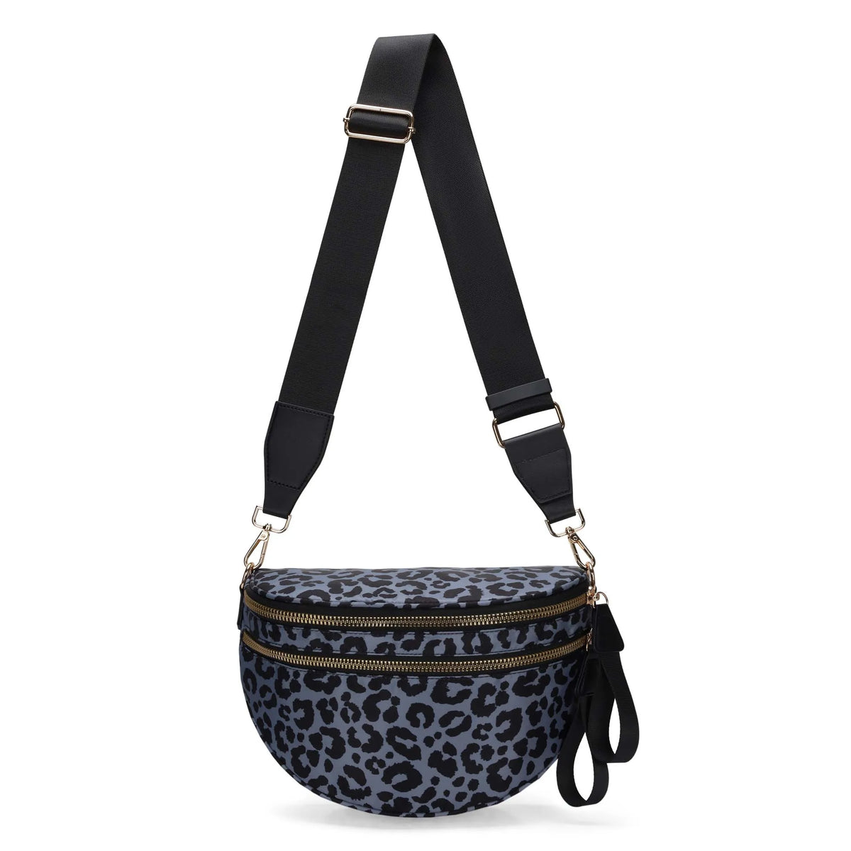 Black nylon crossbody bag with gold hardware and a leopard print fabric.