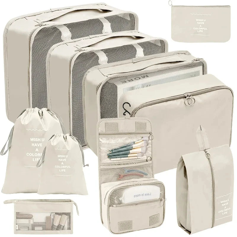 A set of beige fabric storage organizers and pouches for organizing various items.
