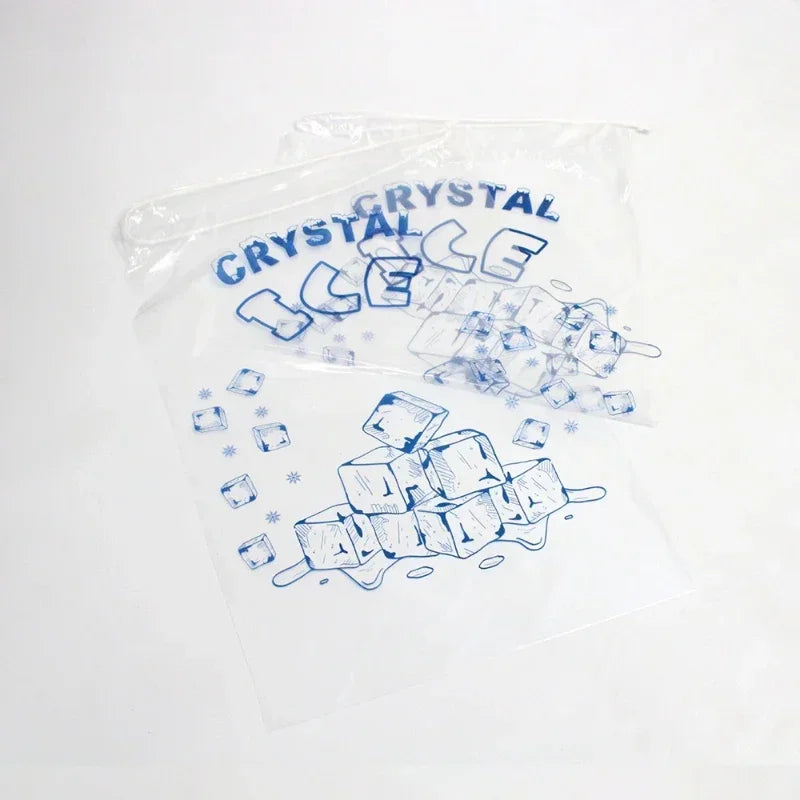 Clear plastic storage bags filled with ice cubes labeled Crystal Ice