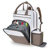 A white and brown insulated lunch and picnic backpack with a zippered front pocket.