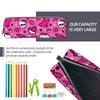 Pink patterned pencil case with a large capacity inside and a black zipper visible.