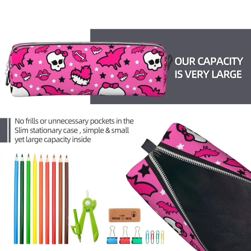 Pink patterned pencil case with a large capacity inside and a black zipper visible.