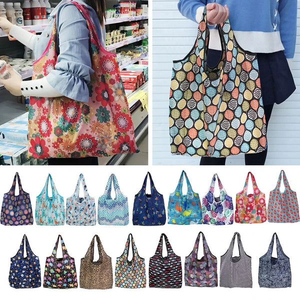 A collection of reusable eco tote shopping bags in various floral and patterned fabrics.