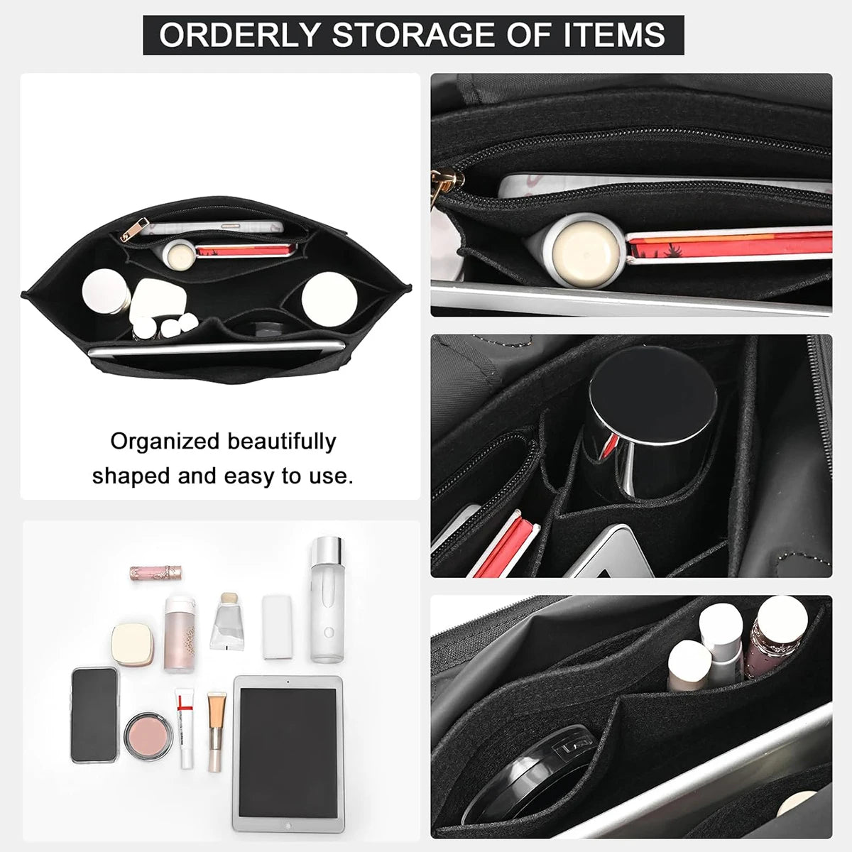A set of felt organizer inserts designed to store and organize various items like pens, cosmetics, and electronics inside a h