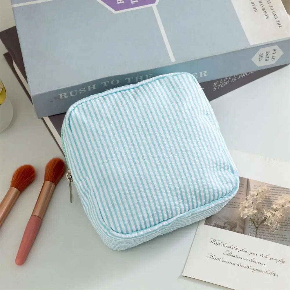 Light blue striped storage pouch next to makeup brushes and a book.