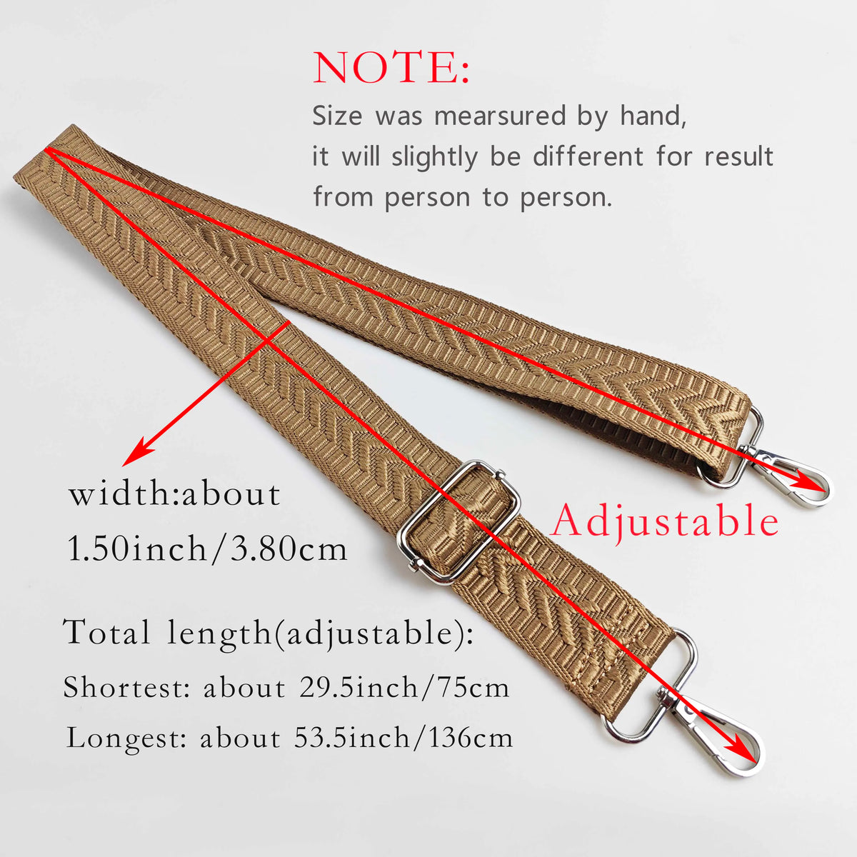 A close-up of a tan arrow jacquard pattern handbag strap showing adjustable length options.