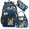 A dark blue and white sports laptop backpack featuring Cristiano Ronaldo graphics and a matching rain cover.