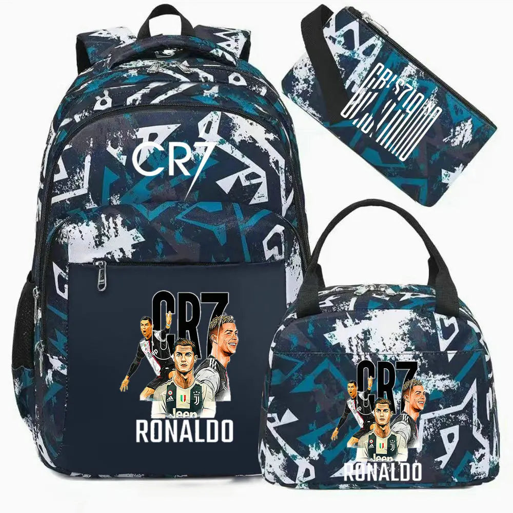 A dark blue and white sports laptop backpack featuring Cristiano Ronaldo graphics and a matching rain cover.