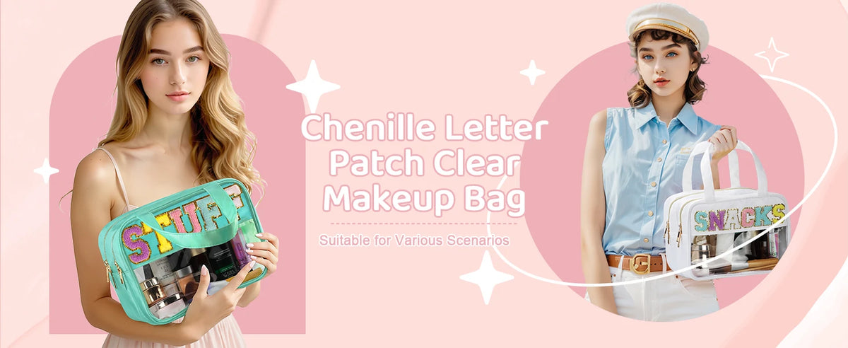 A model holds a clear makeup bag featuring chenille letters and a waterproof design against a pink background.